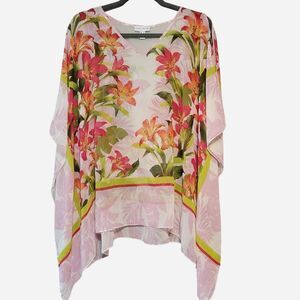 Susan Graver Women's Large sheer tropical kimono blouse resort coastal vacation